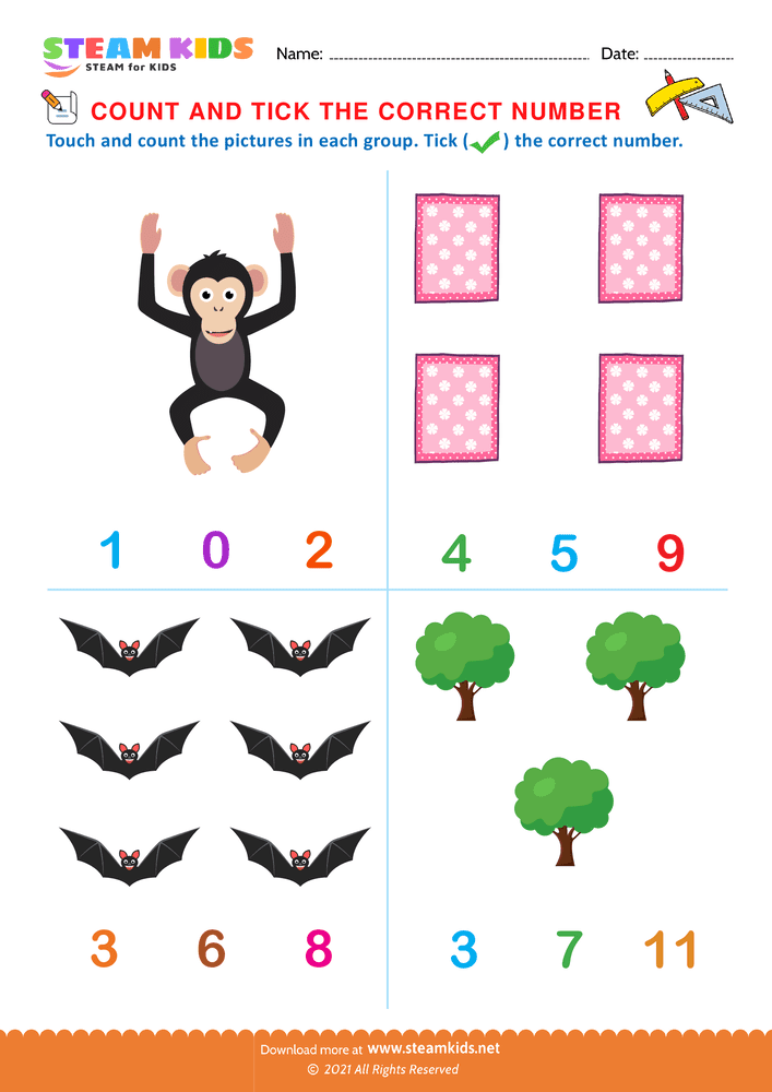 Free Math Worksheet - Count and tick the correct number - Worksheet 4