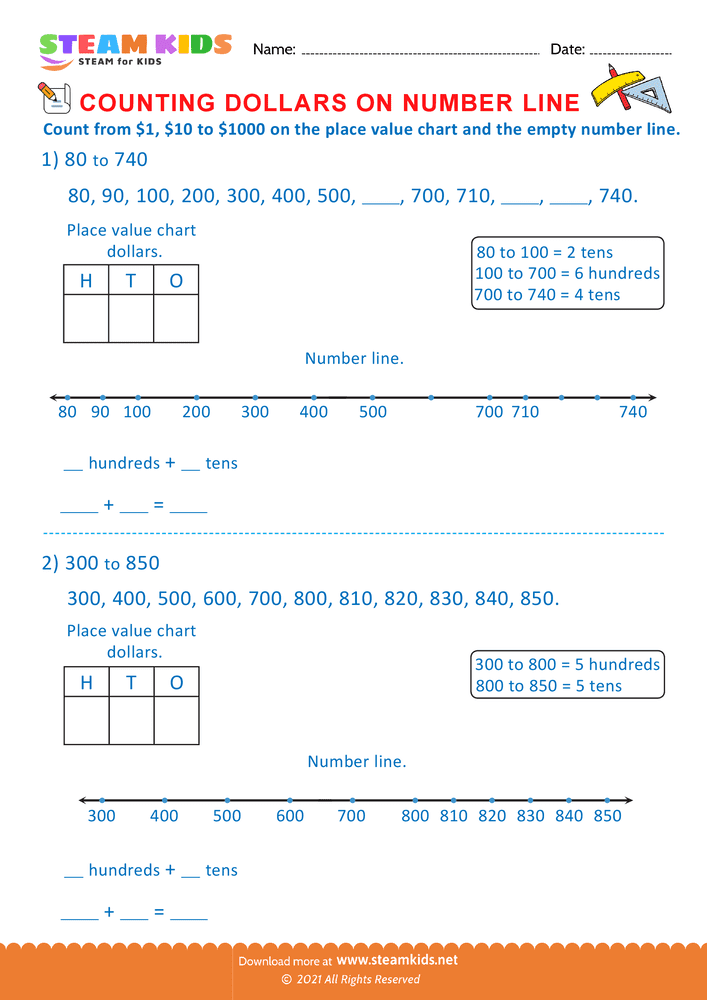 Free Math Worksheet - Counting Dollars on Number line - Worksheet 6