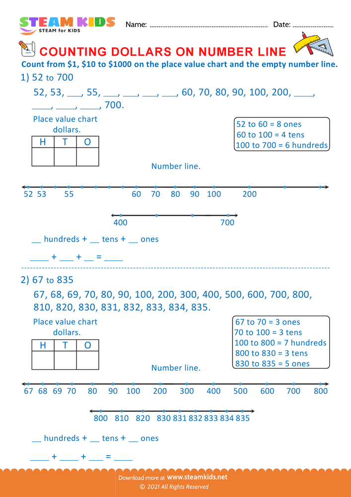Free Math Worksheet - Counting Dollars on Number line - Worksheet 8