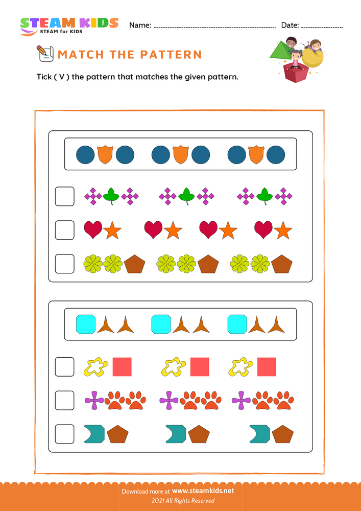 Free Math Worksheet - Match the pattern - Worksheet 2