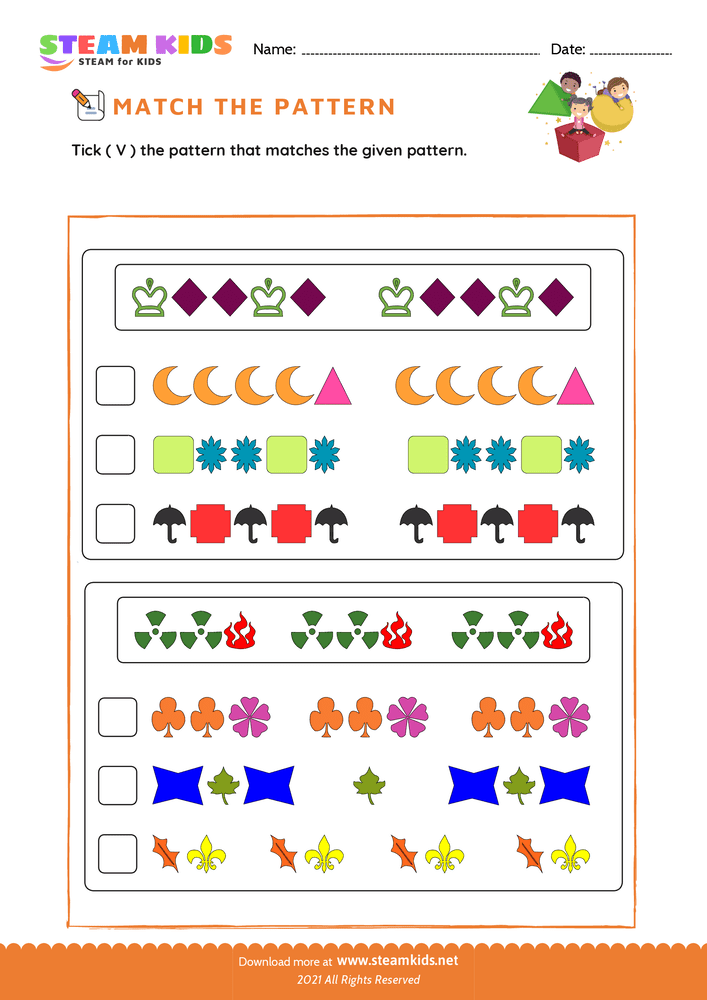 Free Math Worksheet - Match the pattern - Worksheet 3