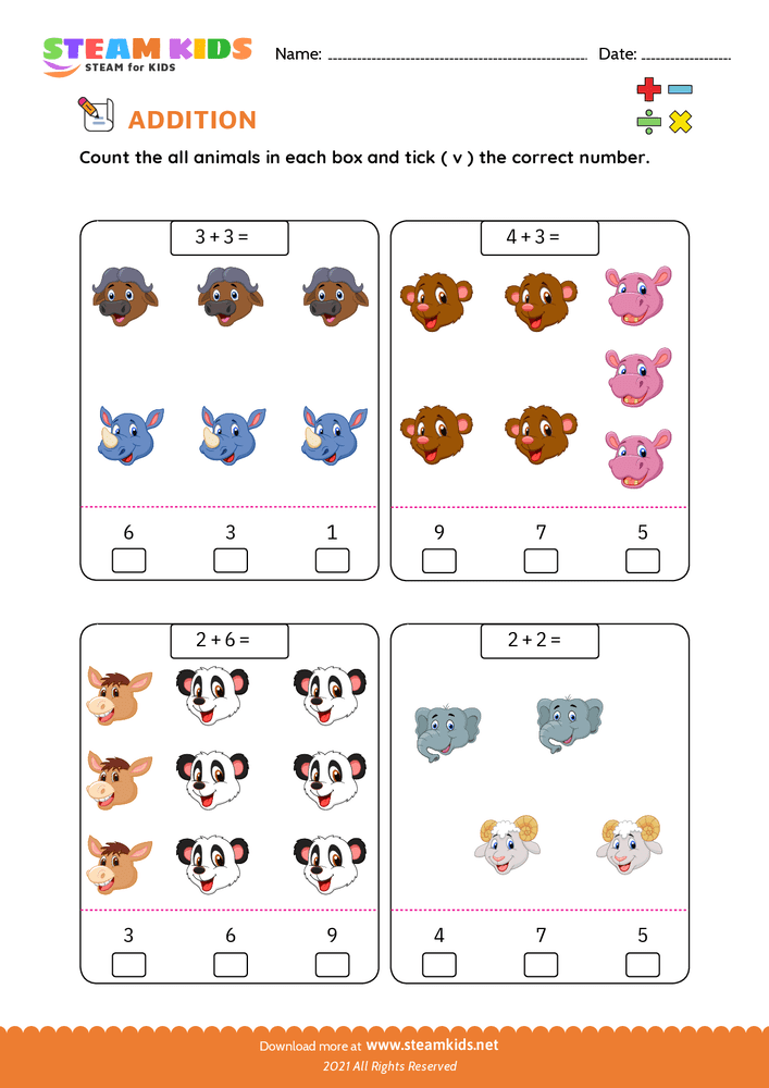 Free Math Worksheet - Count Add and Write - Worksheet 4