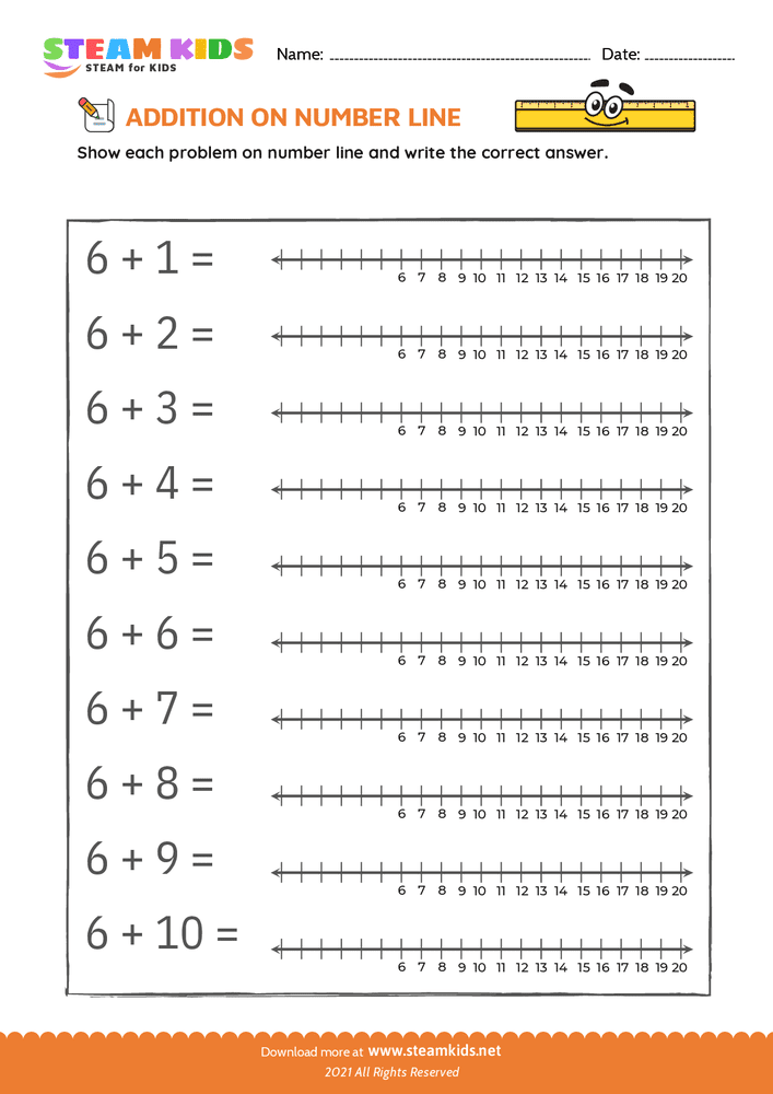 Free Math Worksheet - Addition on number line - Worksheet 6