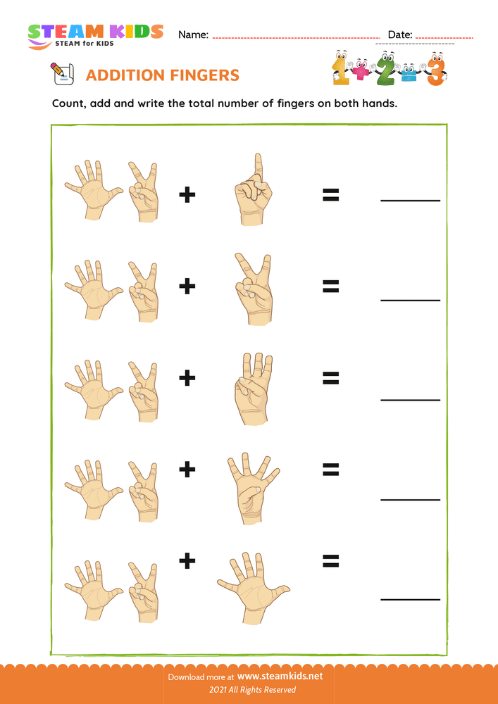 Addition with fingers - Addition Worksheet For Kindergarten - STEAM KIDS