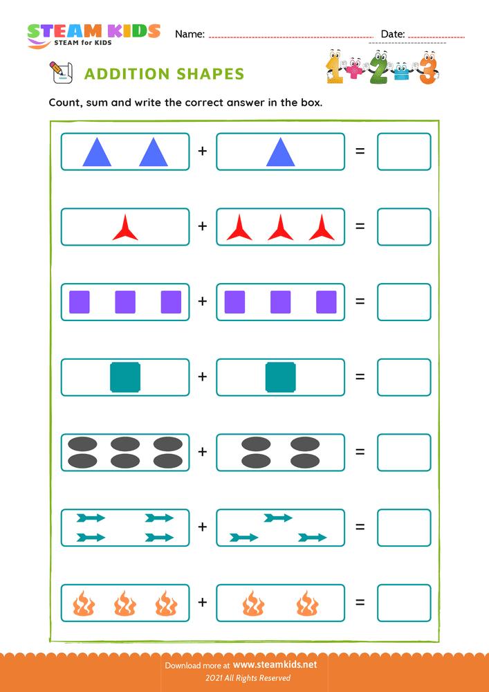 Addition with shapes - Addition Worksheet For Kindergarten - STEAM KIDS