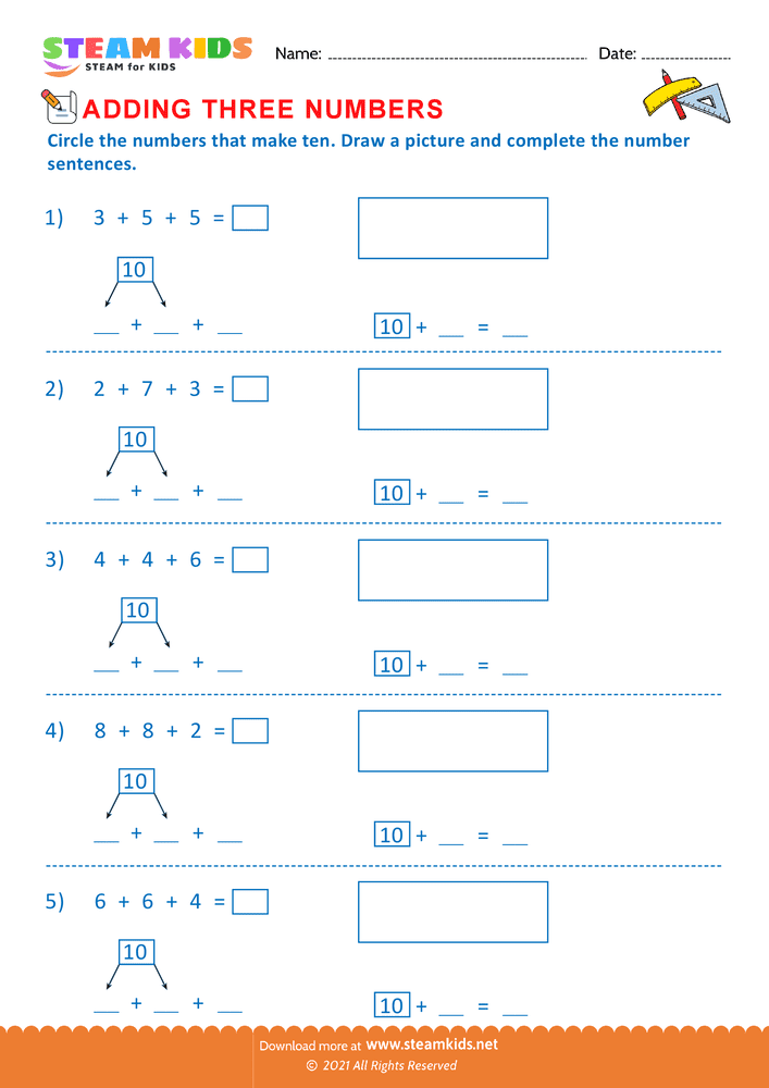 Free Math Worksheet - Adding three number - Worksheet 4