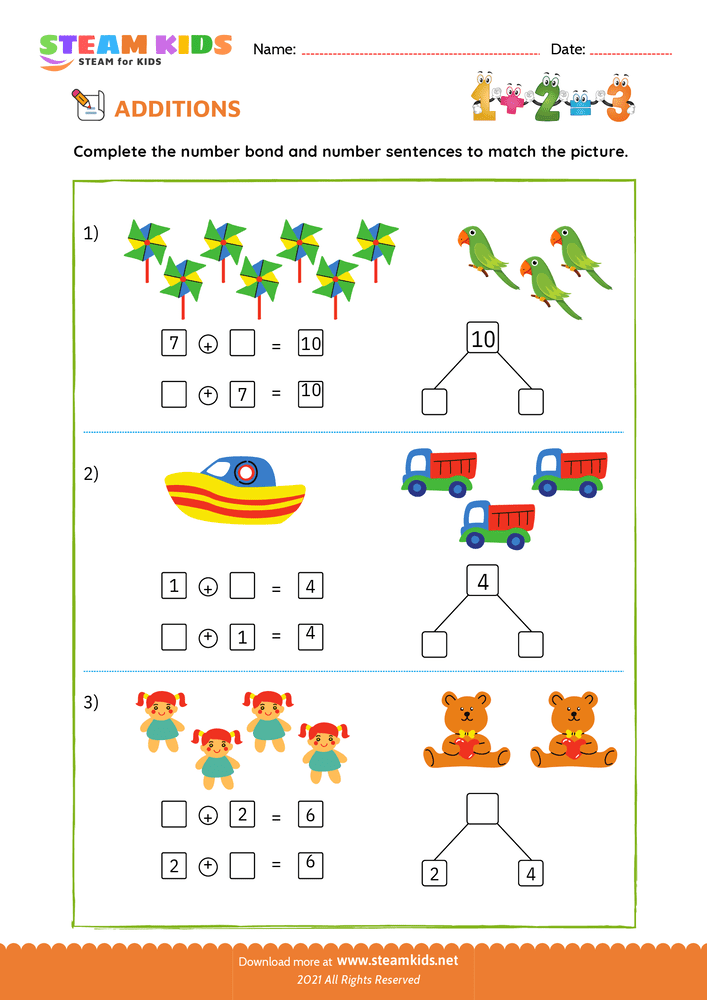 Free Math Worksheet - Complete the number bond - Worksheet 3