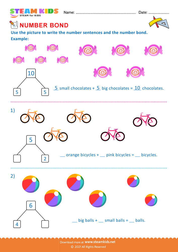 Free Math Worksheet - Write the number bonds - Worksheet 1