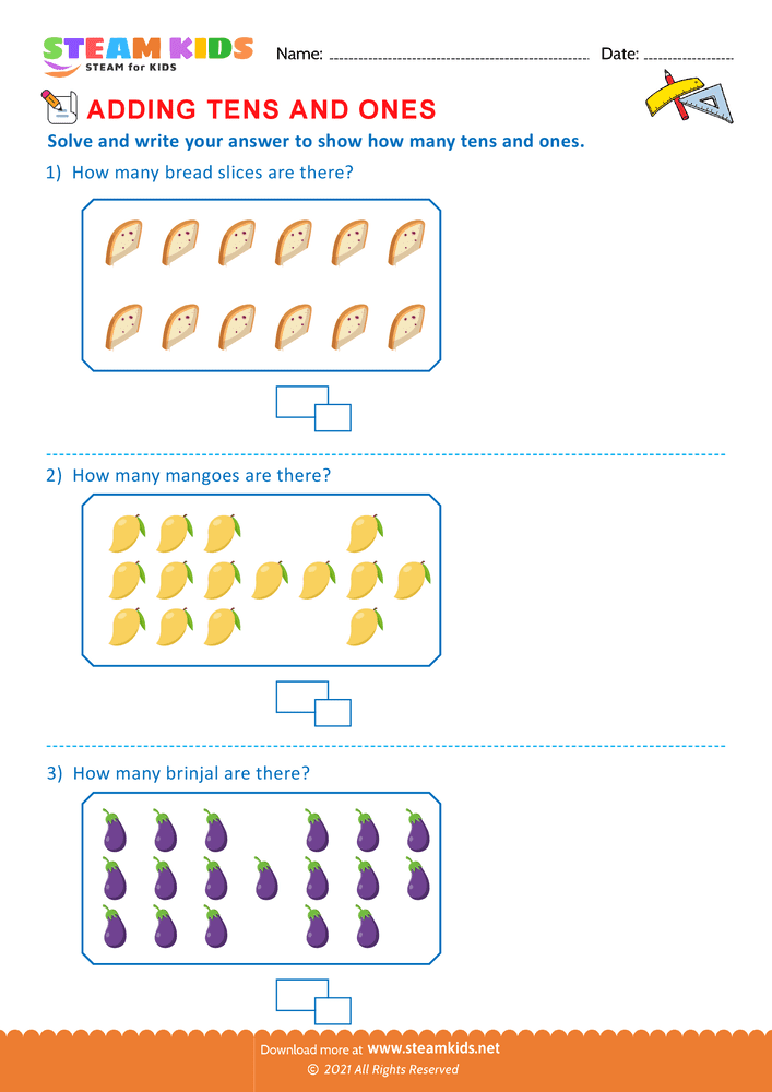 Free Math Worksheet - Add tens and ones upto 20 - Worksheet 13
