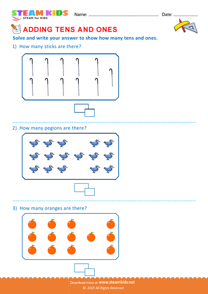 Free Math Worksheet - Add tens and ones upto 20 - Worksheet 14