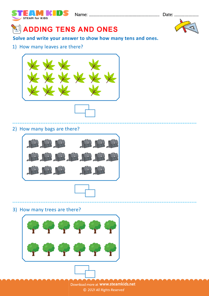 Free Math Worksheet - Add tens and ones upto 20 - Worksheet 17