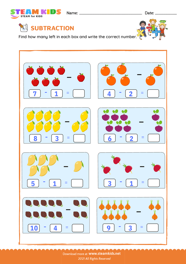 Free Math Worksheet - Subtract numbers  - Worksheet 2