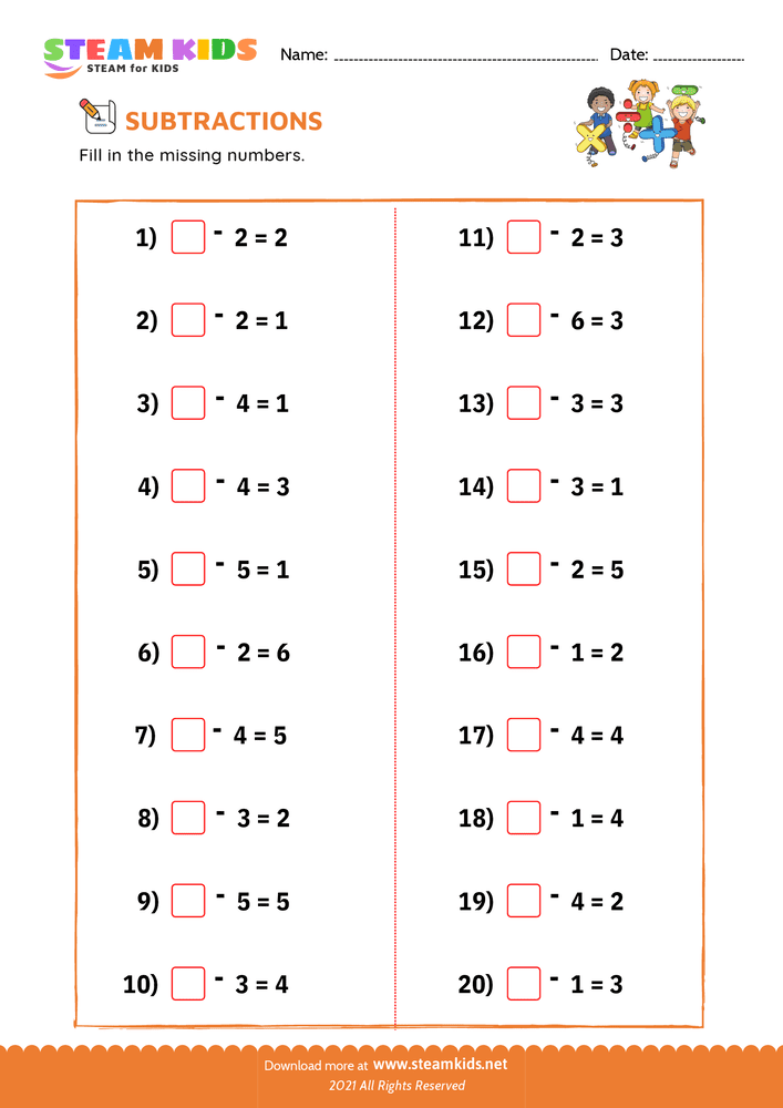 Free Math Worksheet - Fill the missing number - Worksheet 3