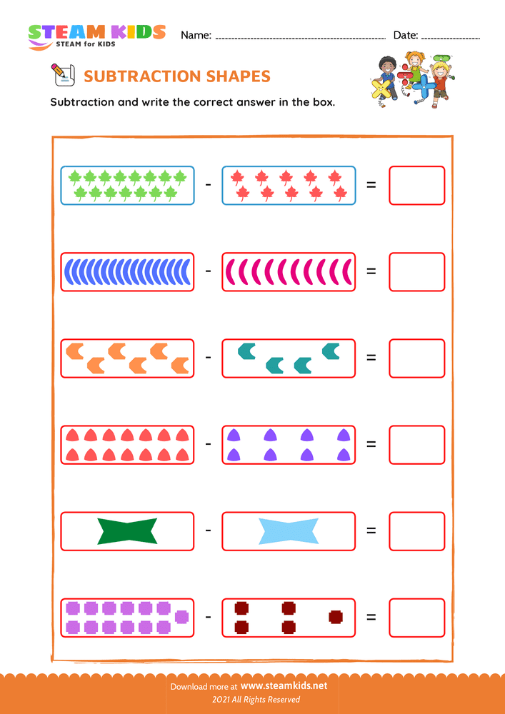 Free Math Worksheet - Subtraction with shapes - Worksheet 4