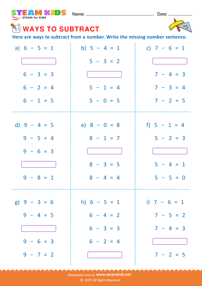 Free Math Worksheet - Write missing number sentence - Worksheet 6