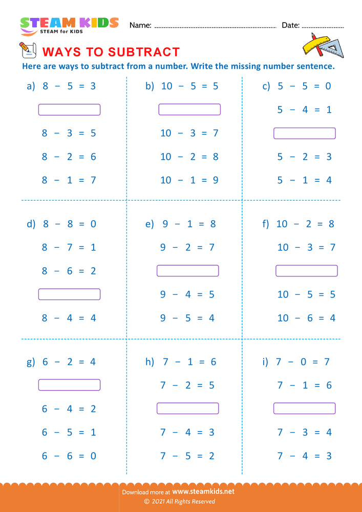 Free Math Worksheet - Write missing number sentence - Worksheet 7