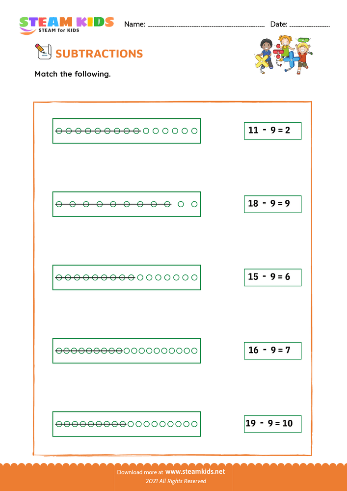 Free Math Worksheet - Subtract and Match - Worksheet 4