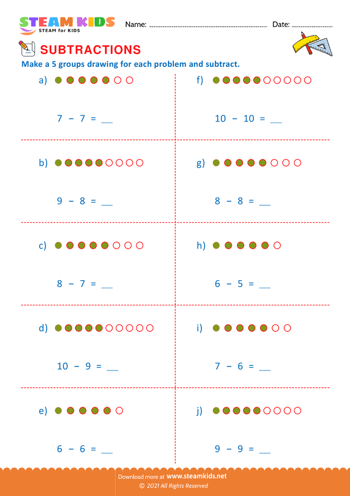Free Math Worksheet - Subtraction number sentence upto 10 - Worksheet 17
