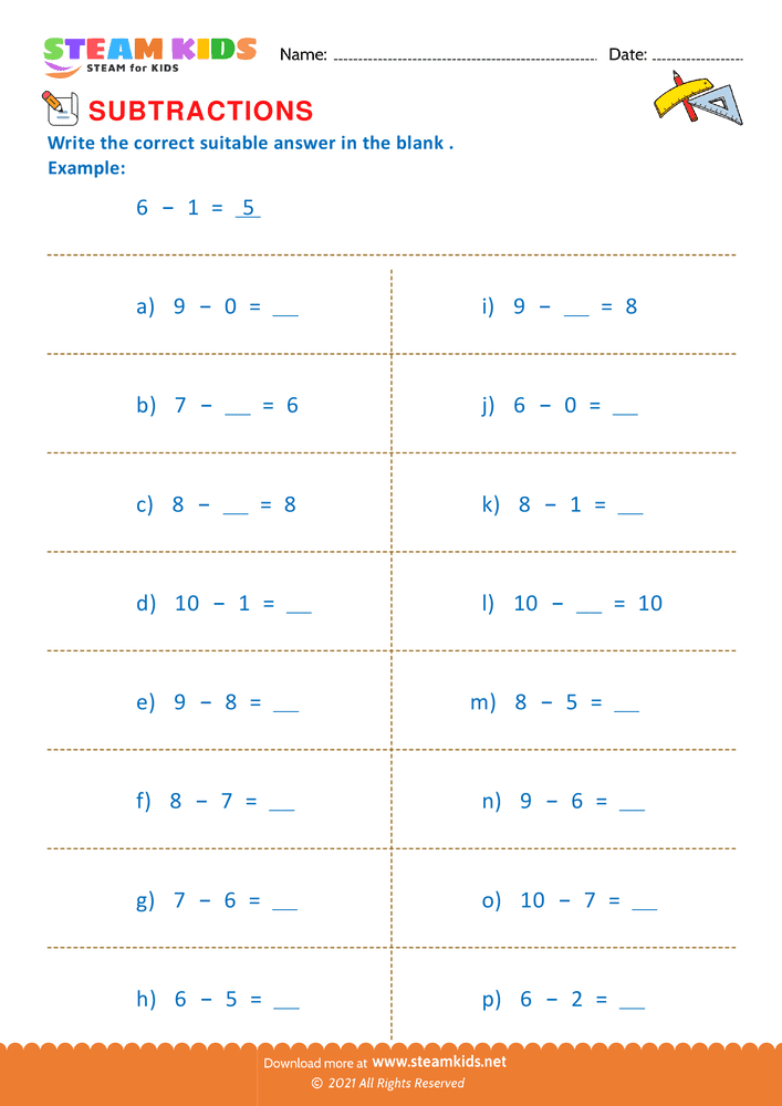 Free Math Worksheet - Subtraction number sentence upto 10 - Worksheet 19