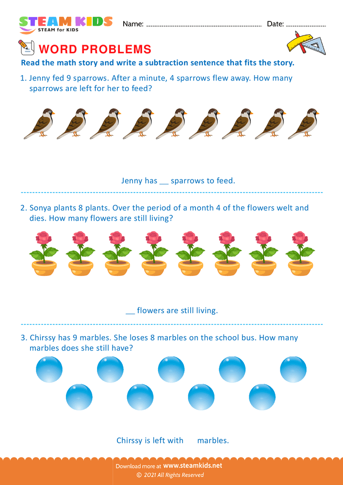 Free Math Worksheet - Subtraction sentence - Worksheet 3