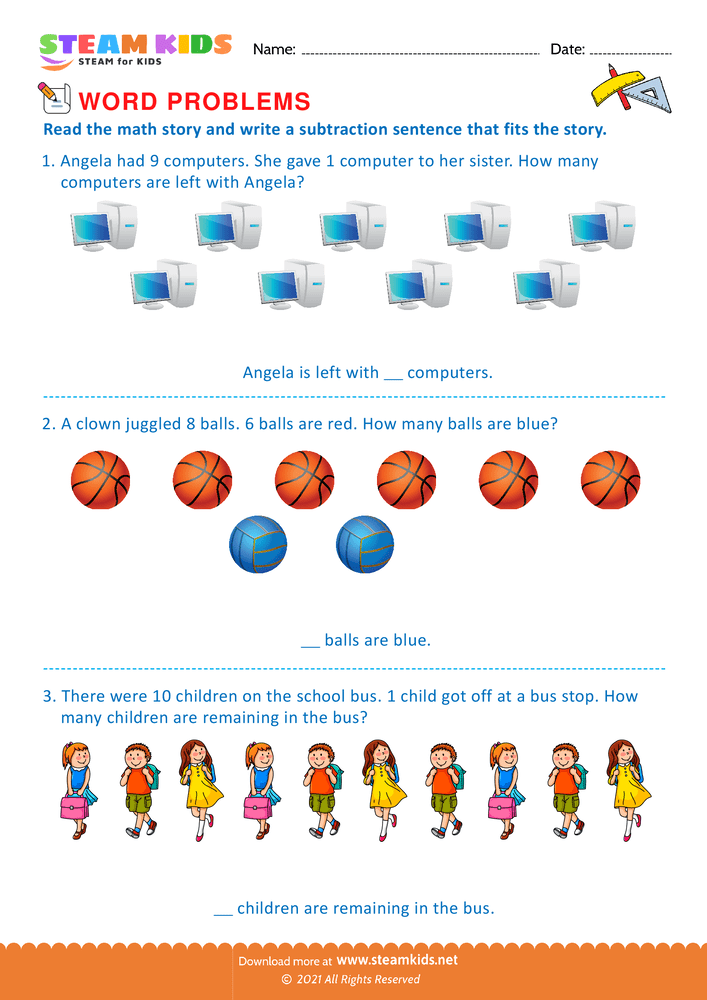 Free Math Worksheet - Subtraction sentence - Worksheet 6