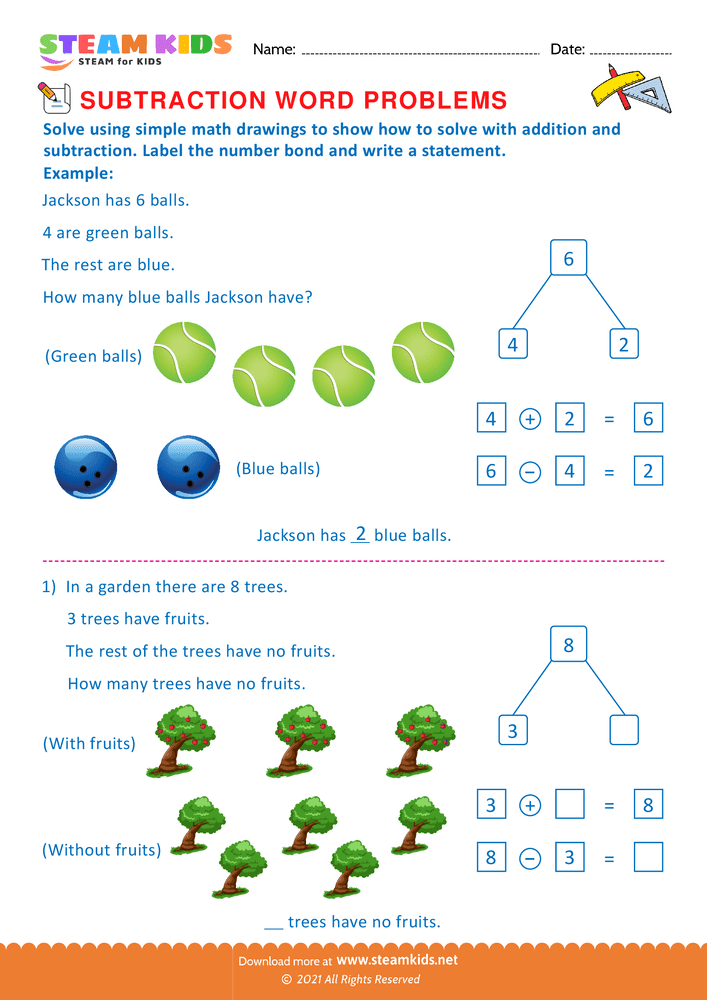 Free Math Worksheet - Solve by number bonds - Worksheet 21