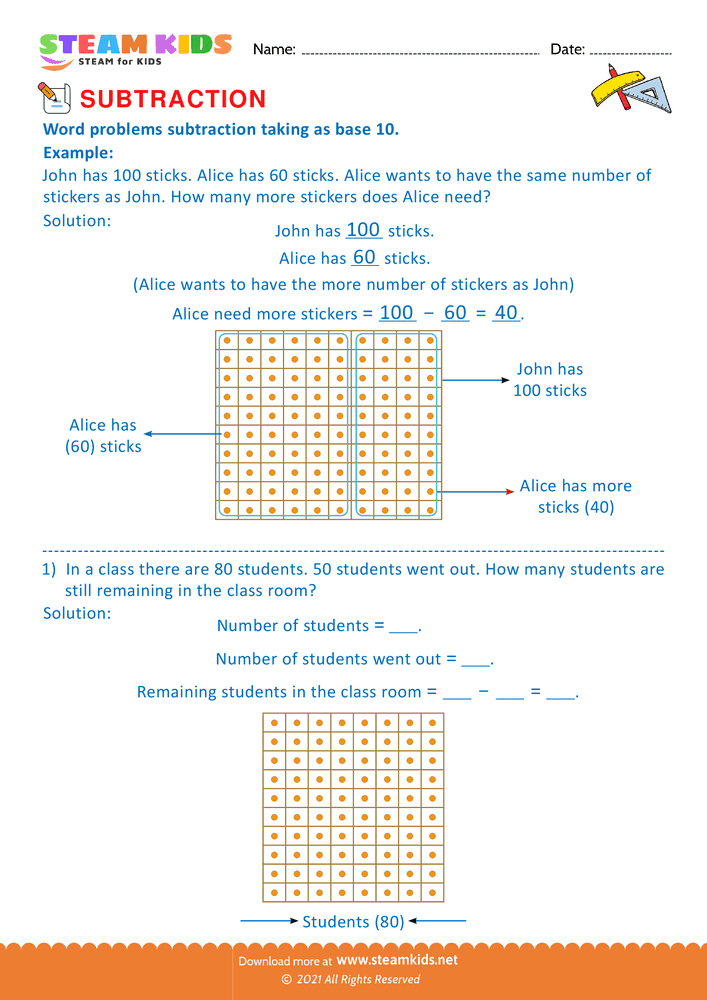 Free Math Worksheet - Subtract take as base 10 - Worksheet 1