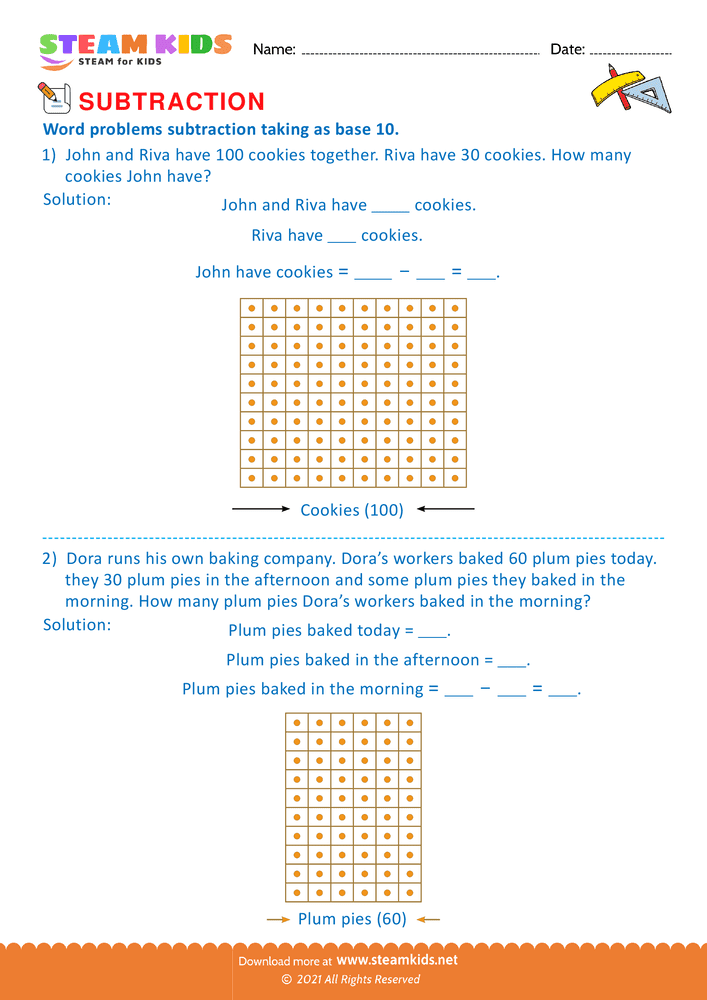 Free Math Worksheet - Subtract take as base 10 - Worksheet 3