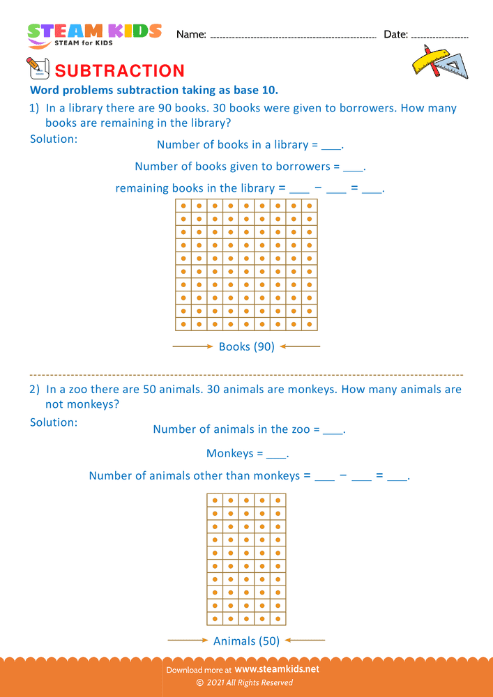 Free Math Worksheet - Subtract take as base 10 - Worksheet 4