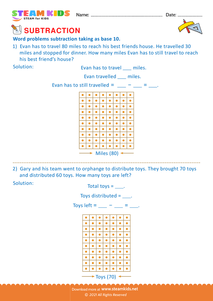 Free Math Worksheet - Subtract take as base 10 - Worksheet 6
