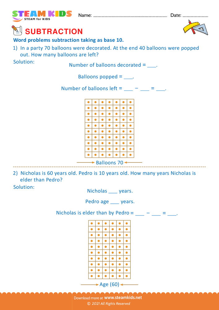 Free Math Worksheet - Subtract take as base 10 - Worksheet 8
