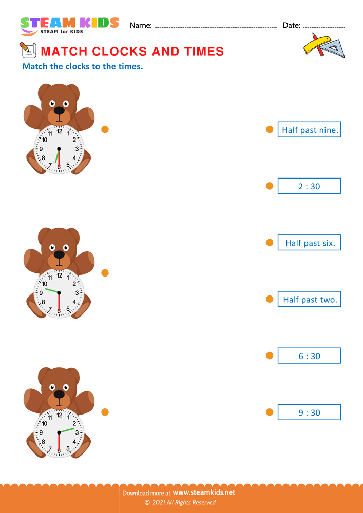 Free Math Worksheet - Match the Clocks - Worksheet 4