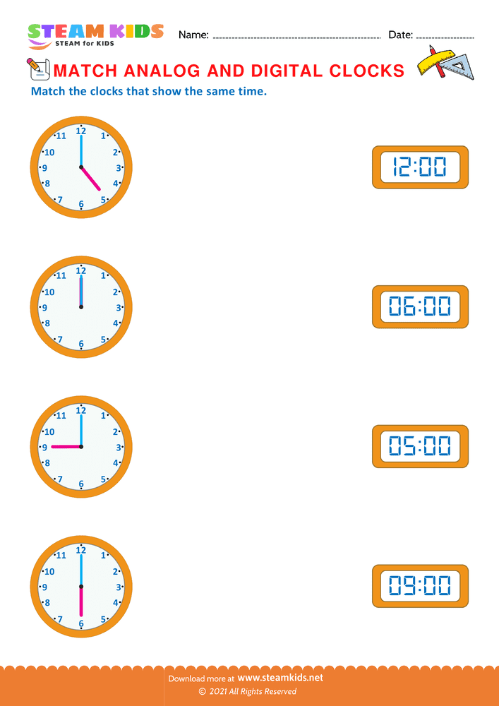 Free Math Worksheet - Match analog & digital clocks - Worksheet 1