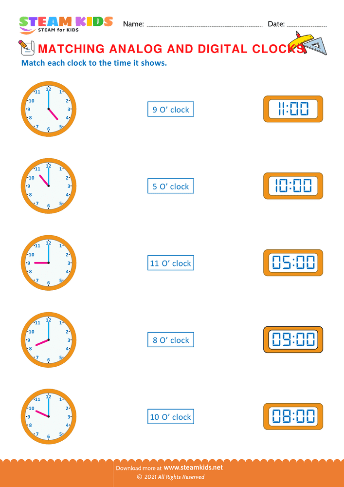 Free Math Worksheet - Match analog & digital clocks - Worksheet 5