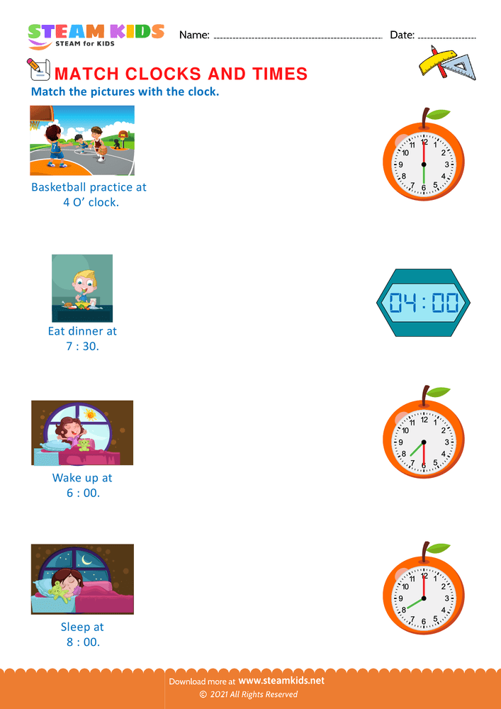 Free Math Worksheet - Times of every day events - Worksheet 2