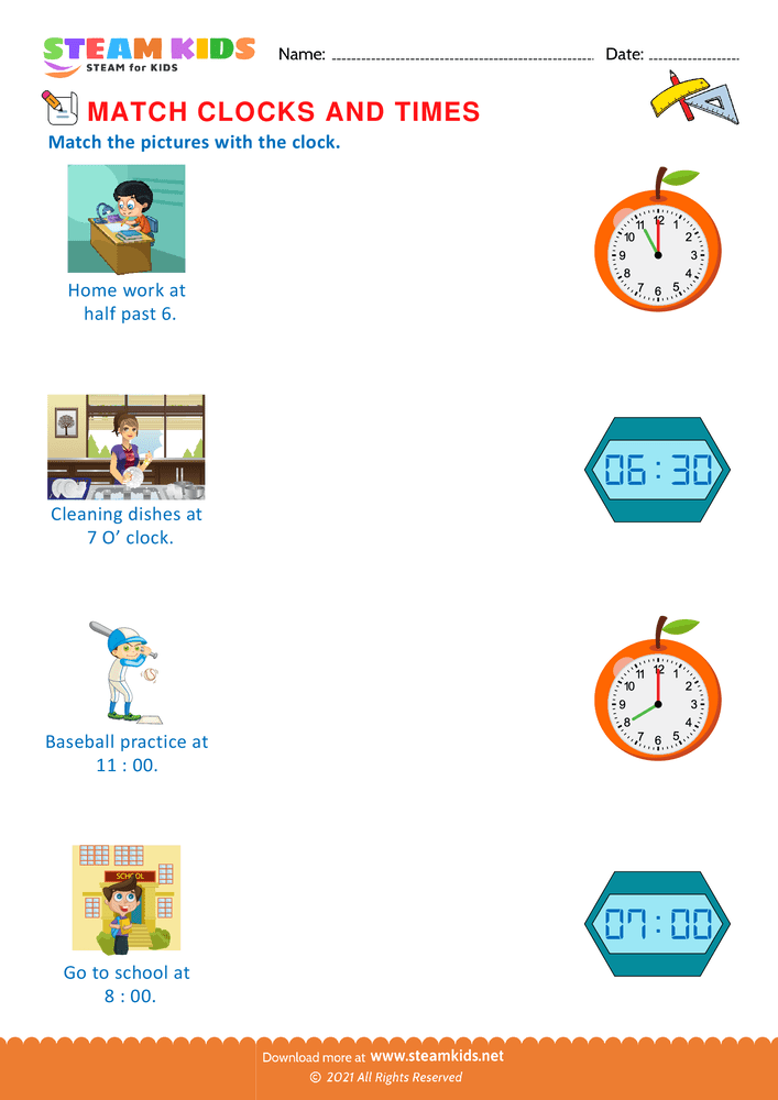 Free Math Worksheet - Times of every day events - Worksheet 3