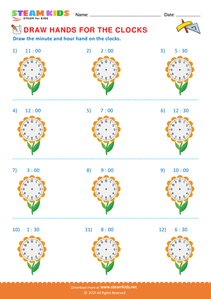 Free Math Worksheet - Drawing hours & minutes hand - Worksheet 2