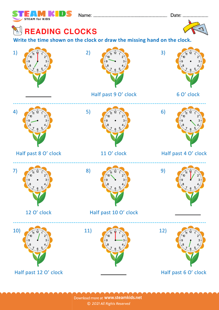 Free Math Worksheet - Drawing hours & minutes hand - Worksheet 4