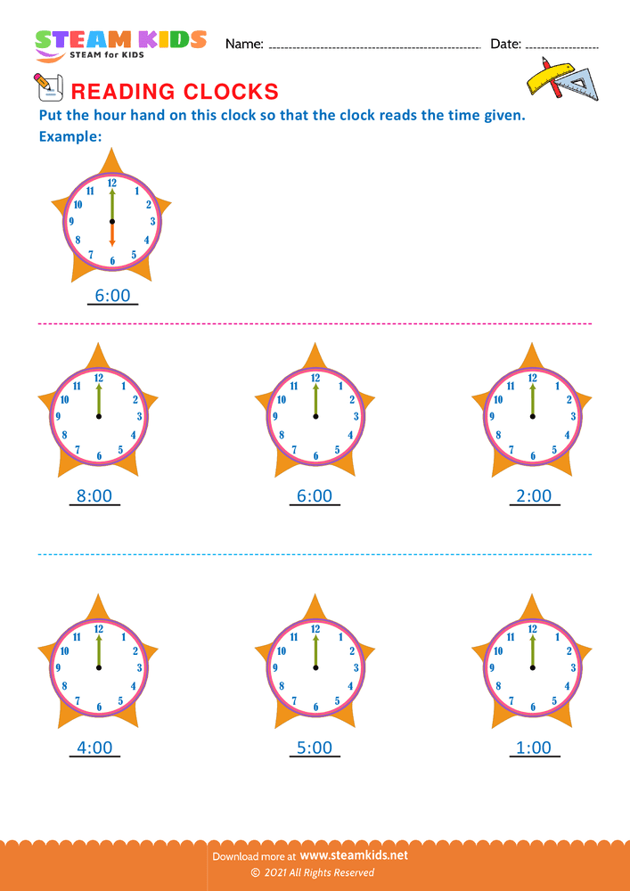 Free Math Worksheet - Drawing hours hand - Worksheet 1