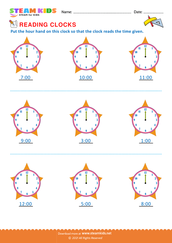 Free Math Worksheet - Drawing hours hand - Worksheet 2