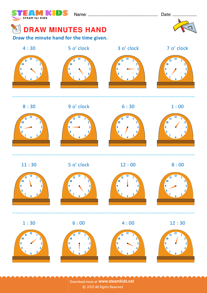 Free Math Worksheet - Drawing minutes hand - Worksheet 2