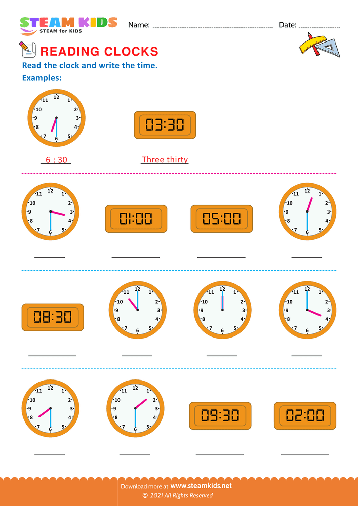 Free Math Worksheet - Reading clocks - Worksheet 7