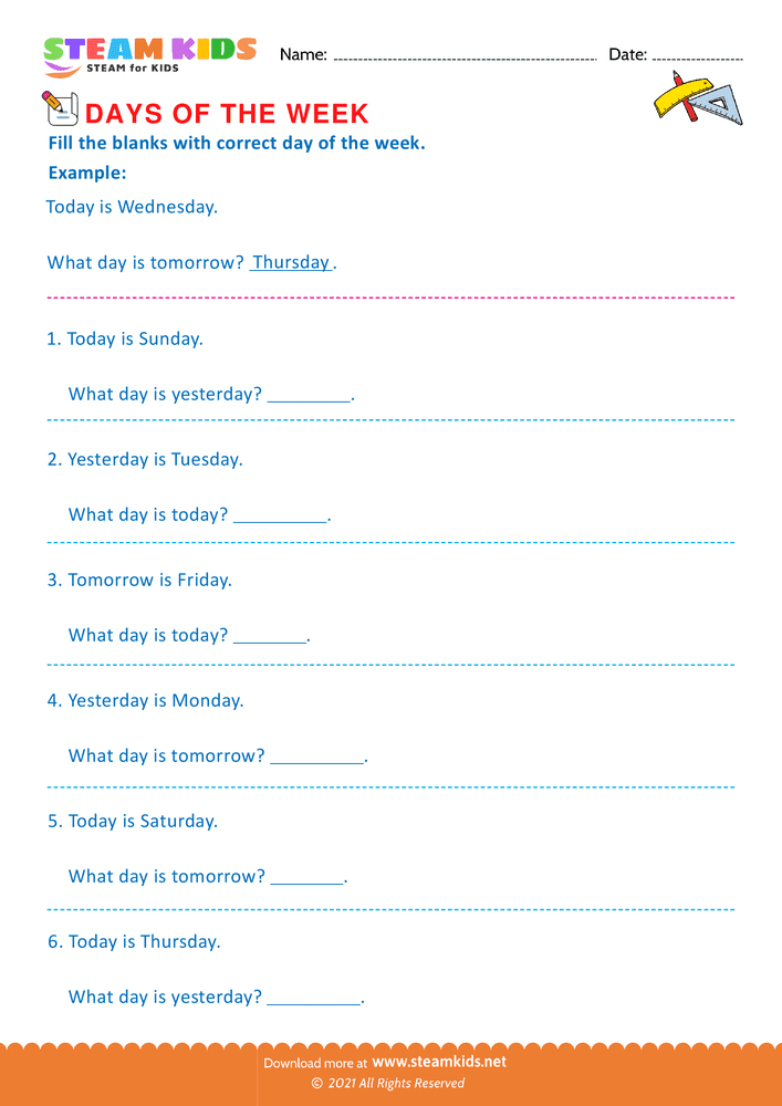 Free Math Worksheet - Days of the week - Worksheet 1