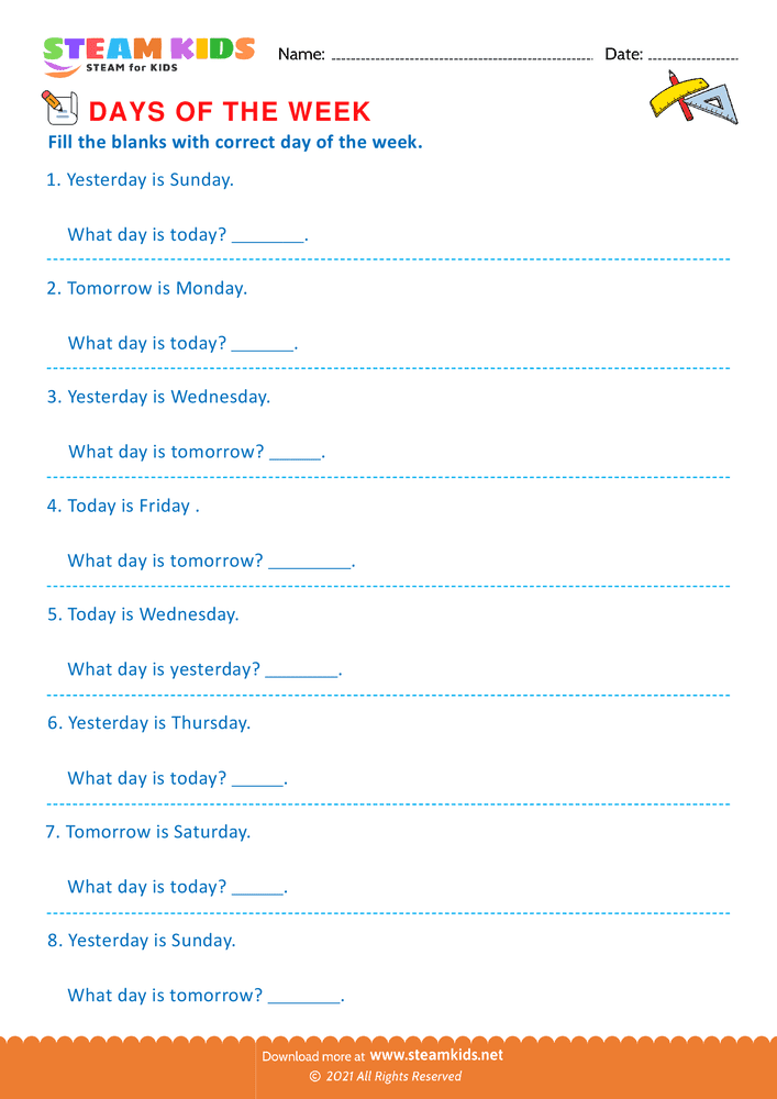 Free Math Worksheet - Days of the week - Worksheet 2