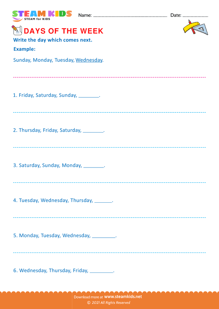 Free Math Worksheet - Days of the week - Worksheet 3