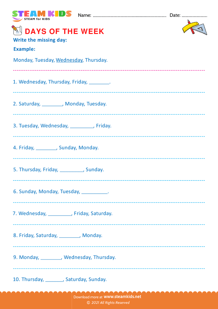 Free Math Worksheet - Days of the week - Worksheet 4
