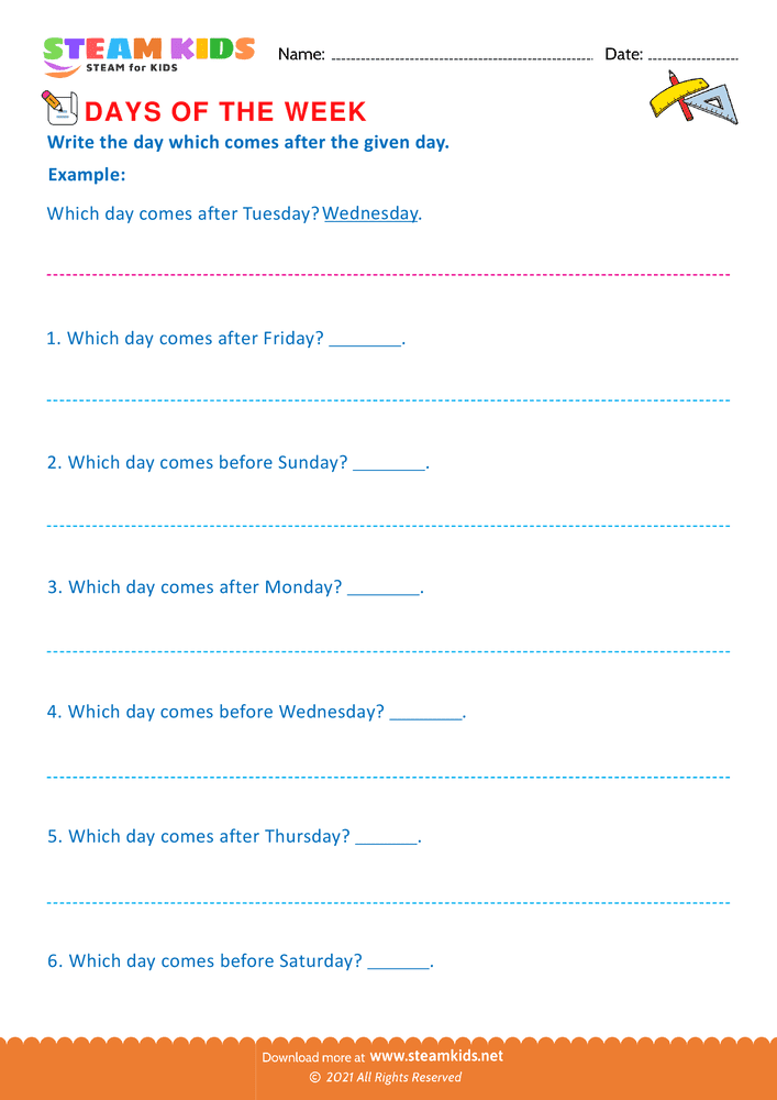 Free Math Worksheet - Days of the week - Worksheet 5