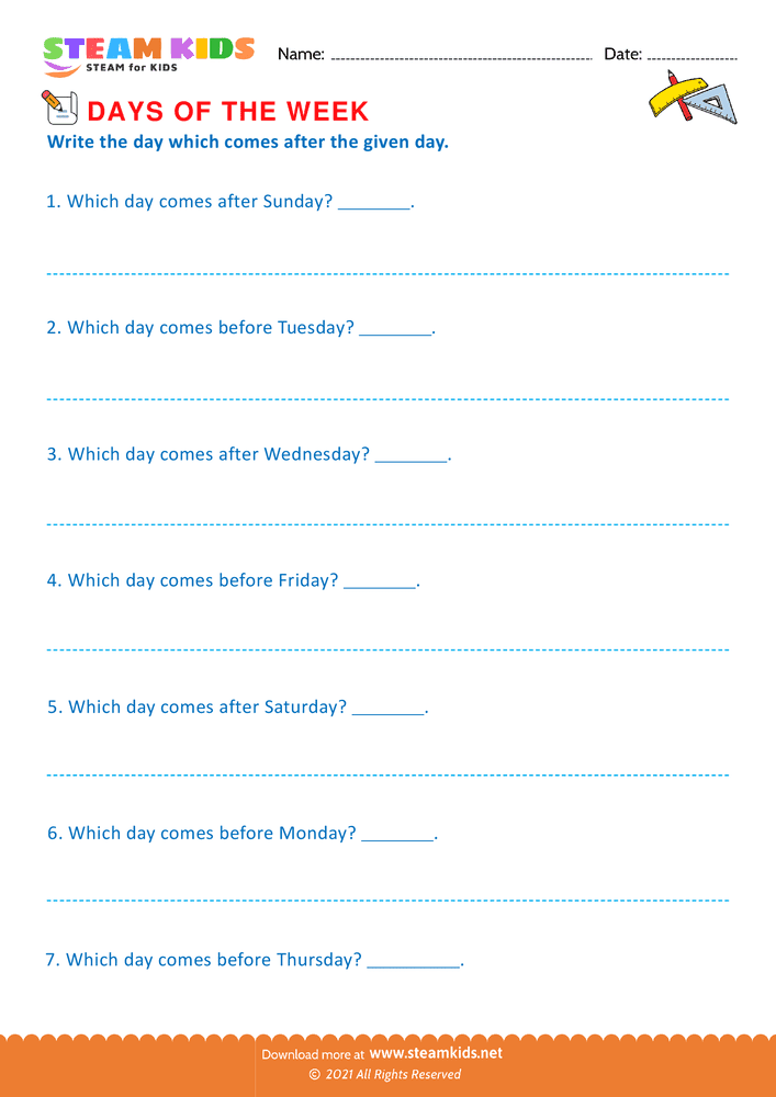 Free Math Worksheet - Days of the week - Worksheet 6