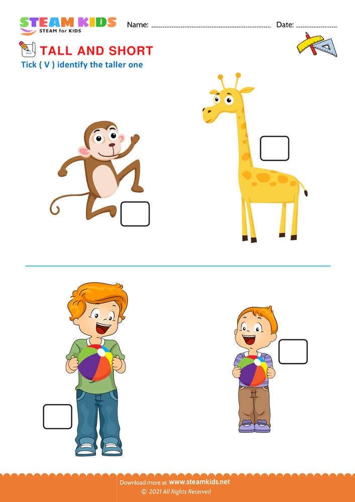 Free Math Worksheet - Tall and Short - Worksheet 1
