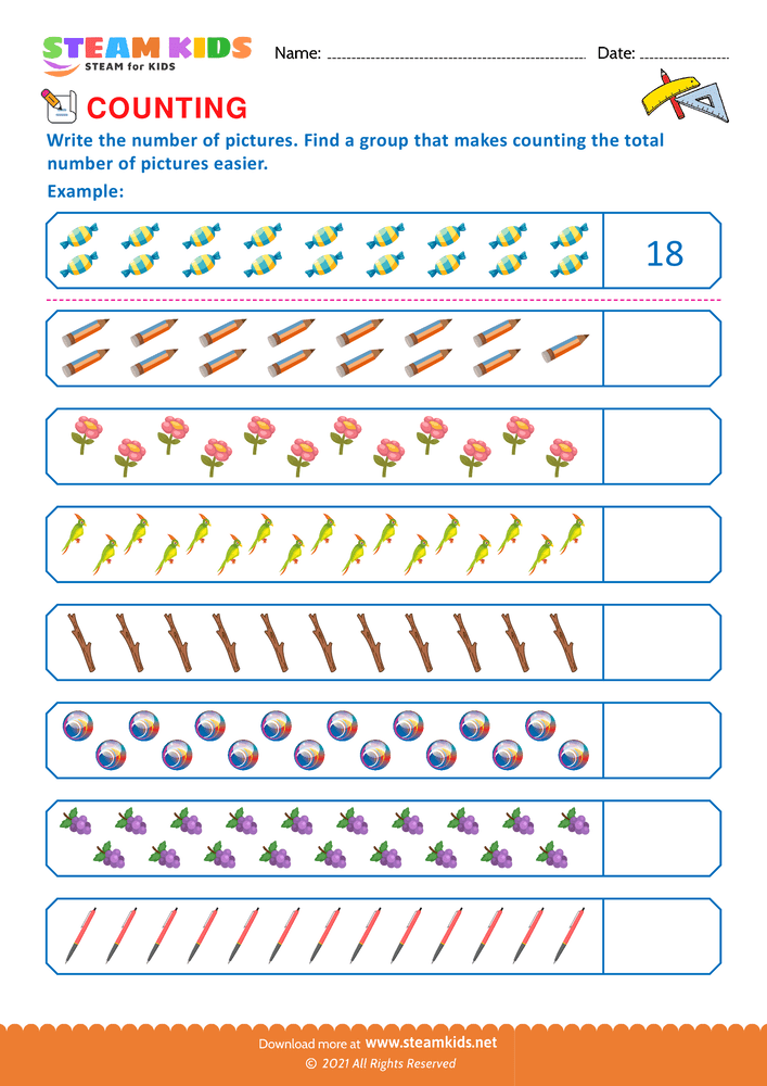 Free Math Worksheet - Counting using pictures - Worksheet 1 - STEAM KIDS